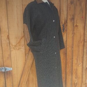 Woolrich Brown and Green Tweed Wool Trench Coat with Suede Elbow Patches.